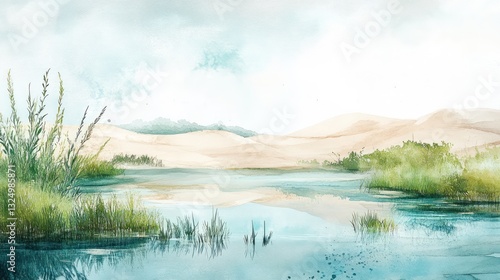Tranquil watercolor painting depicting a serene landscape with water and grass