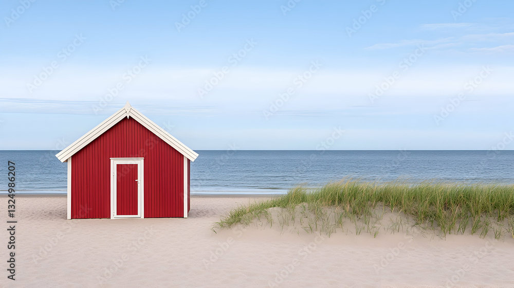 Red beach hut on sandy shore Red beach hut on sandy shore