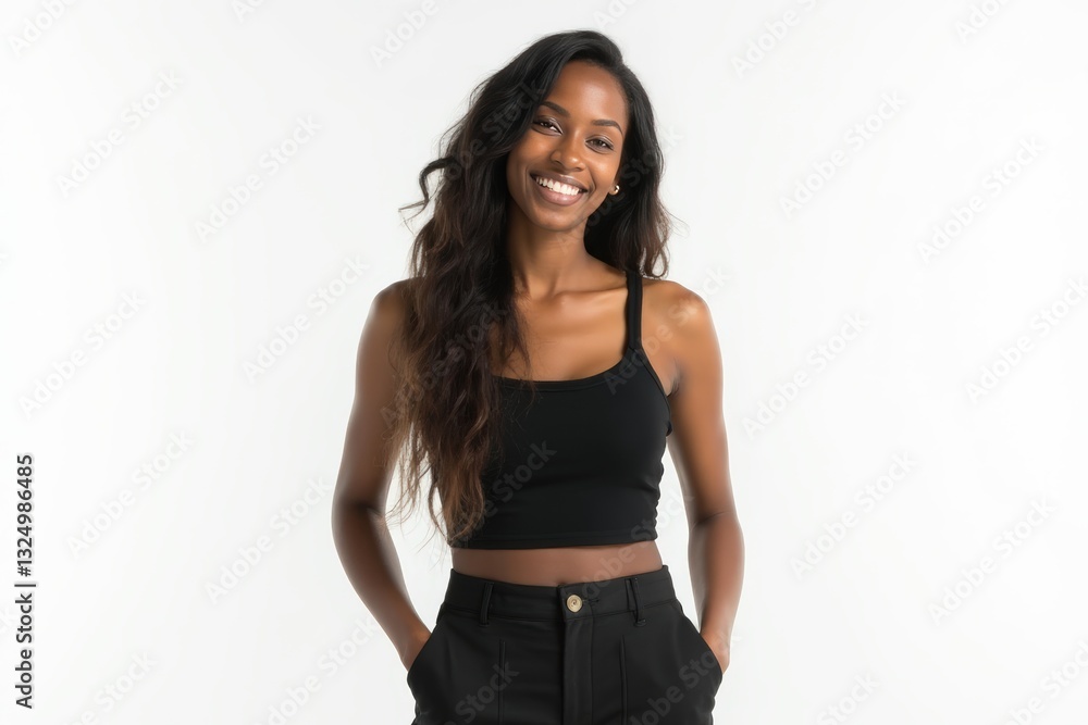 Half-Length (Waist-Up) portrait of young stylish smiling Jamaican female model in emo wear isolated on pure white background looking at camera Half-Length (Waist-Up) portrait of young stylish smiling Jamaican female model in emo wear isolated on pure white background looking at camera