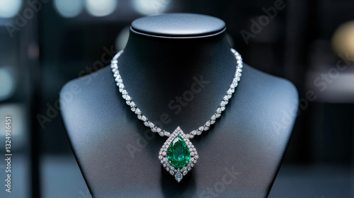 A diamond necklace with a green emerald gemstone displayed on a mannequin neck against a black background. Exclusively designed for women