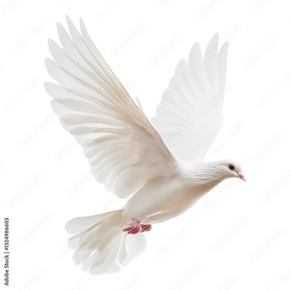 A white dove in mid-flight with spread wings, showcasing its graceful form and delicate features. A white dove in mid-flight with spread wings, showcasing its graceful form and delicate features.
