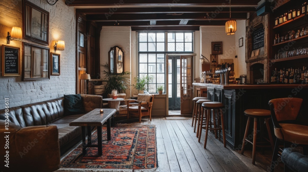 A cozy photograph of the interiors of a rural guesthouse, featuring rustic furnishings, warm lighting, and traditional decor, creating a welcoming and comfortable atmosphere A cozy photograph of the interiors of a rural guesthouse, featuring rustic furnishings, warm lighting, and traditional decor, creating a welcoming and comfortable atmosphere