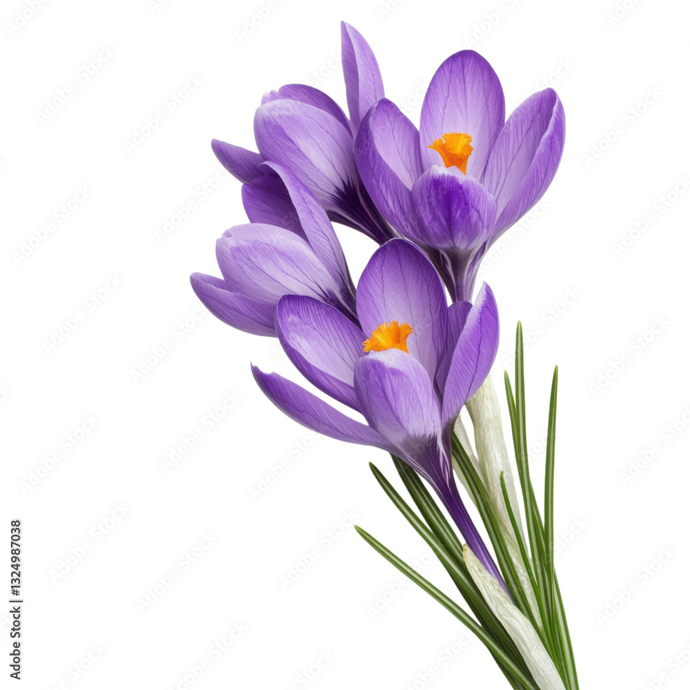 A vibrant bouquet of purple crocus flowers with delicate petals and bright orange centers. A vibrant bouquet of purple crocus flowers with delicate petals and bright orange centers.