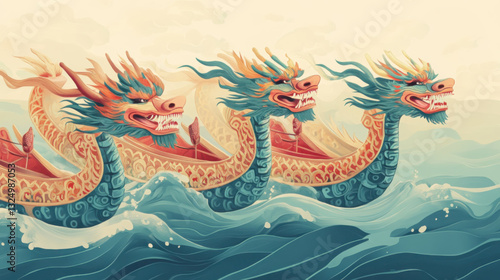 A contemporary illustration of the Dragon Boat Festival: sleek dragon boats with intricate designs racing across serene waters. Traditional motifs with modern aesthetics.