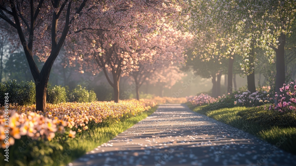 Naklejka premium Spring morning outdoor walk A serene photo of a spring morning outdoor walk, featuring a scenic path lined with blooming flowers and trees, capturing peaceful refreshing atmosphere of early spring