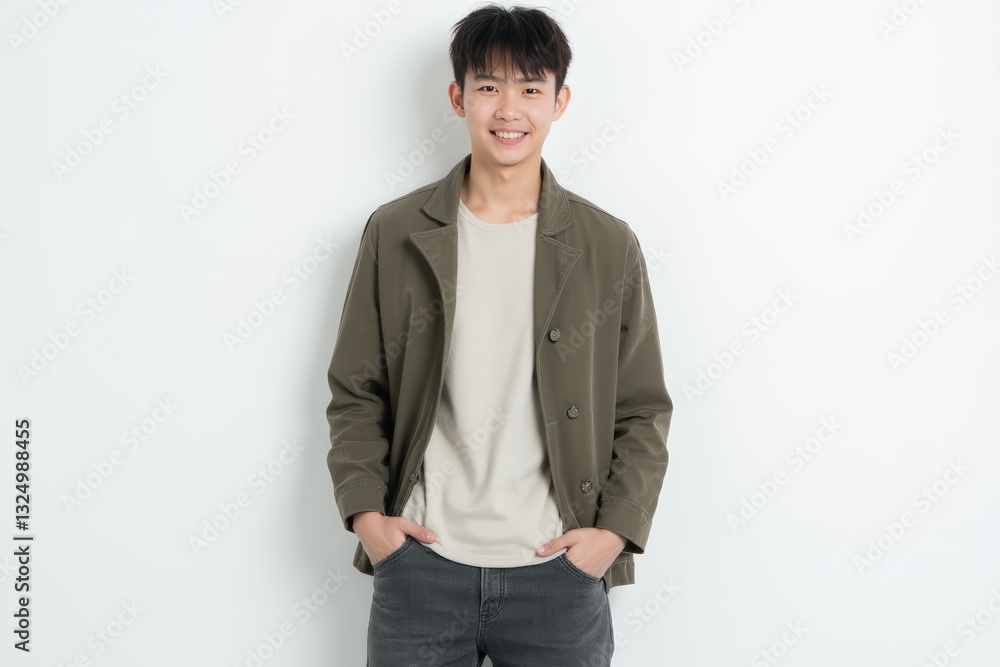 Half-Length (Waist-Up) portrait of young stylish smiling Japanese male model in grunge wear isolated on pure white background looking at camera Half-Length (Waist-Up) portrait of young stylish smiling Japanese male model in grunge wear isolated on pure white background looking at camera