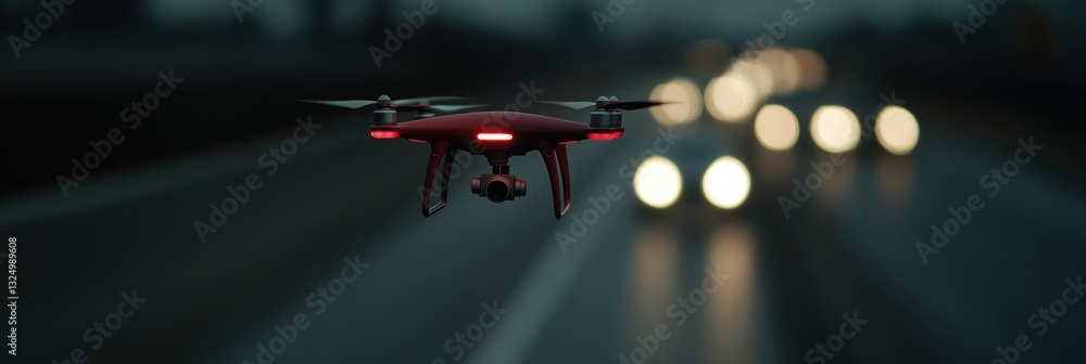 Naklejka premium A sleek drone is captured in flight above a softly blurred cityscape, symbolizing technology and modern innovation in urban environments with a hint of mystery.