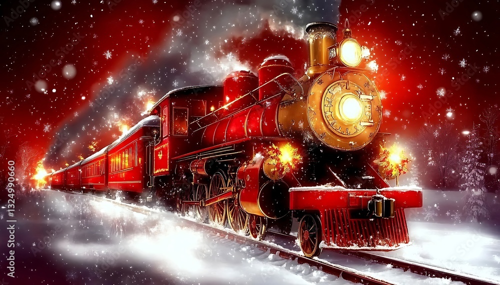 Festive Train on snowy track with snowfall in the background Festive Train on snowy track with snowfall in the background