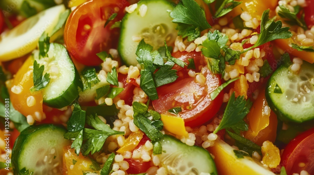 Playful and Colorful Close-Up of Vibrant Tabouleh Salad: Finely Chopped Parsley, Tomatoes, Cucumbers, and Bulgur Wheat in Bright Clean Bowl Playful and Colorful Close-Up of Vibrant Tabouleh Salad: Finely Chopped Parsley, Tomatoes, Cucumbers, and Bulgur Wheat in Bright Clean Bowl