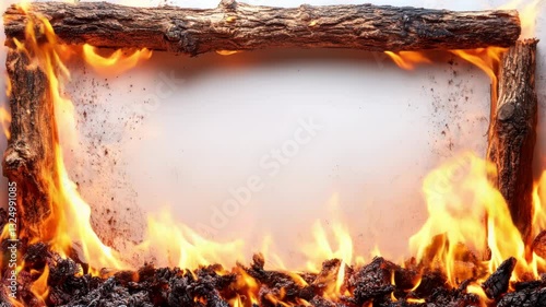 Wooden frame engulfing in bright, crackling flames against pure white backdrop