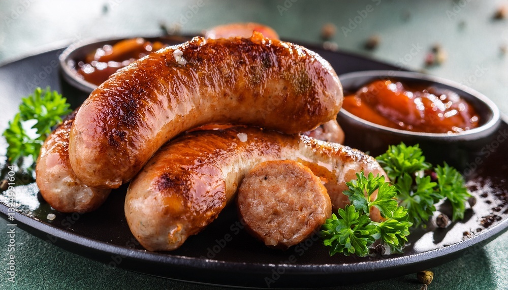 Fototapeta premium sausages fried with spices and herbs