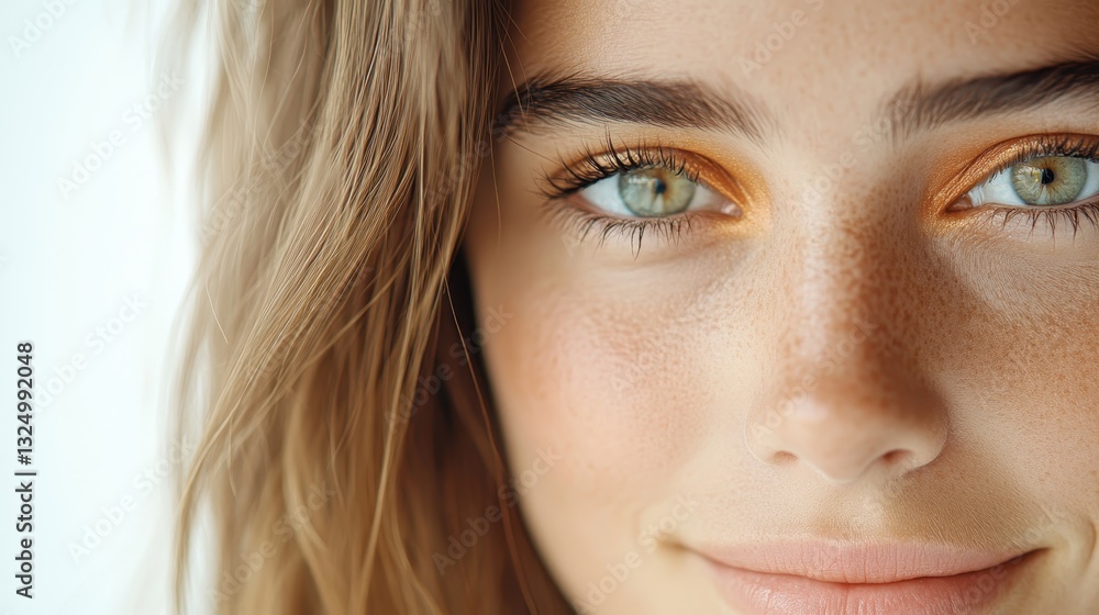 Close up beauty portrait of a young woman with long blond hair, freckles, and orange eyeshadow, showcasing her natural beauty and flawless skin Close up beauty portrait of a young woman with long blond hair, freckles, and orange eyeshadow, showcasing her natural beauty and flawless skin