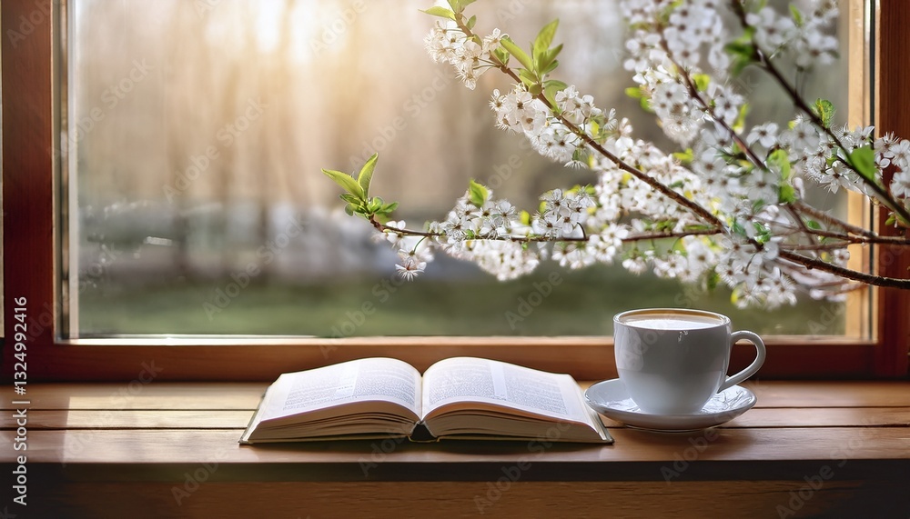 cozy coffee corner with open book and blossoms by the window cozy coffee corner with open book and blossoms by the window