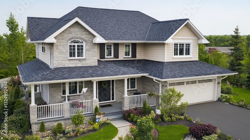 A detailed aerial shot of a house with a charcoal grey shingle roof, soft beige stone exterior, and white trim