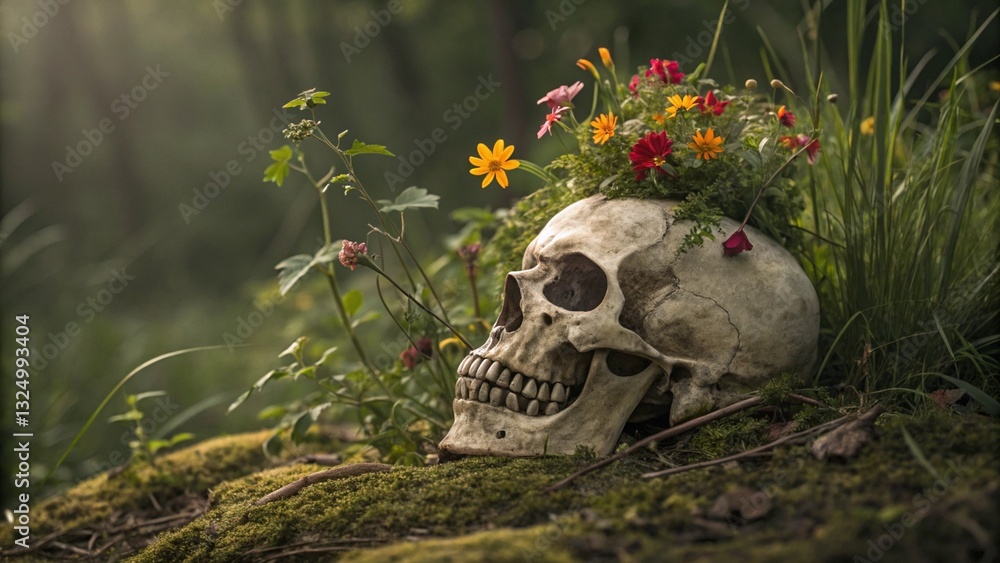 Realistic Human Skull Resting on Dark Soil, Surrounded by Vibrant Wildflowers, Green Foliage, and Tree Trunk in a Mysterious Forest, Ai Generated Image Realistic Human Skull Resting on Dark Soil, Surrounded by Vibrant Wildflowers, Green Foliage, and Tree Trunk in a Mysterious Forest, Ai Generated Image