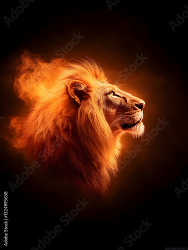 Fierce lion head, bathed in orange-red glow