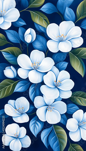 Floral art print, white blossoms on dark background
