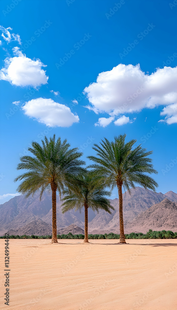 Three palm trees in a desert landscape under a clear blue sky Three palm trees in a desert landscape under a clear blue sky