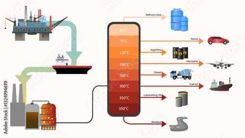 Offshore Oil Extraction and Refining Process Infographic, Oil Refinery Fractional Distillation Infographic, Oil Extraction, Refining, and Fuel Distribution, 