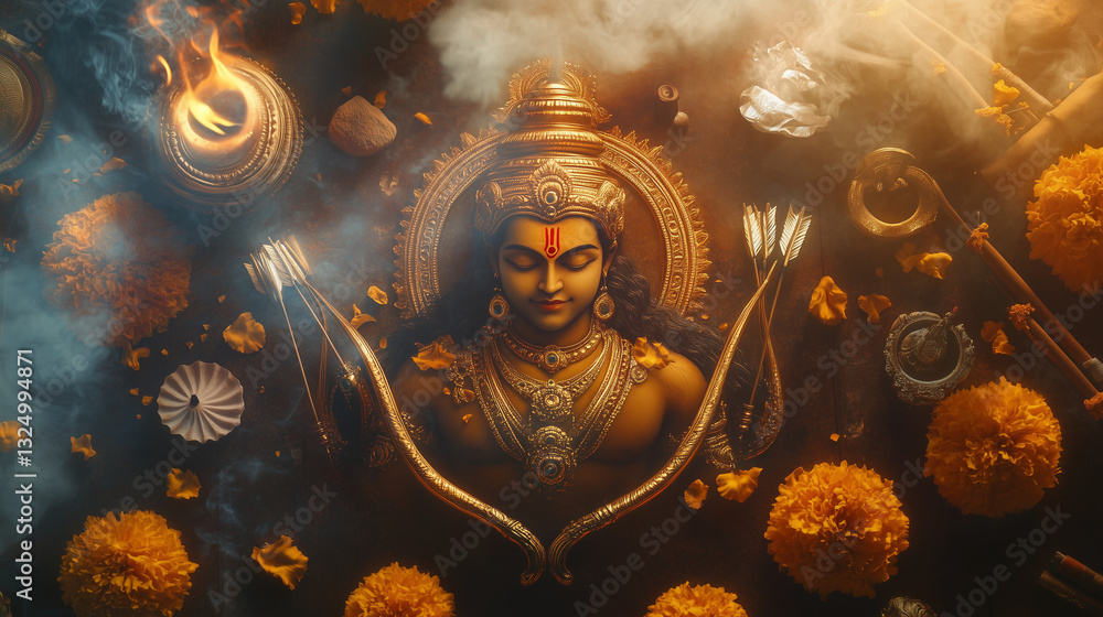 Spiritual Flat Lay with Sacred Symbols of Lord Rama Spiritual Flat Lay with Sacred Symbols of Lord Rama