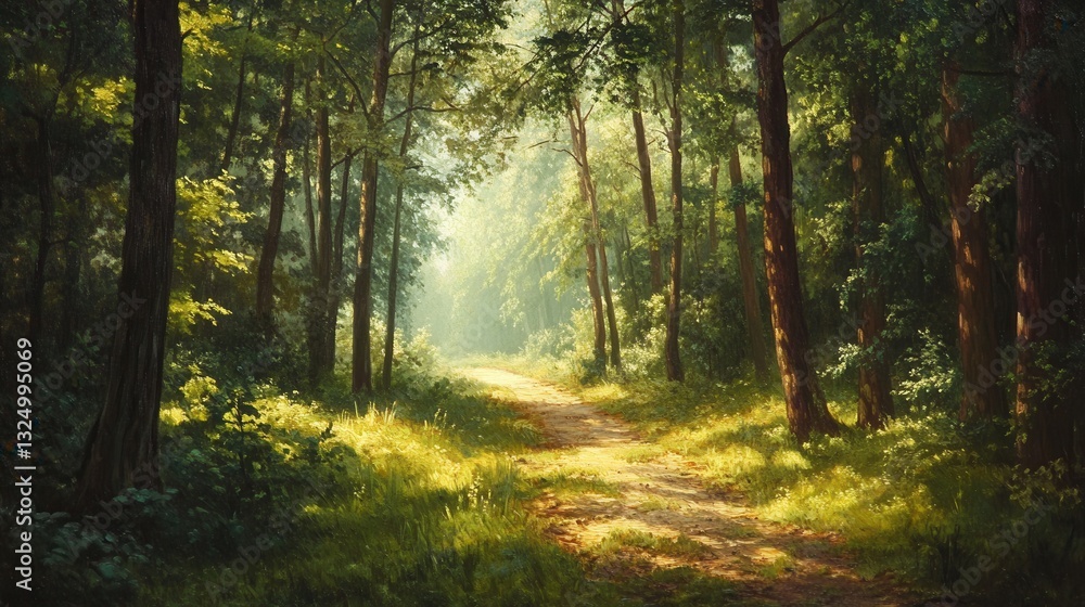 Naklejka premium Forest path inviting exploration with sunlight filtering through lush trees in a tranquil setting