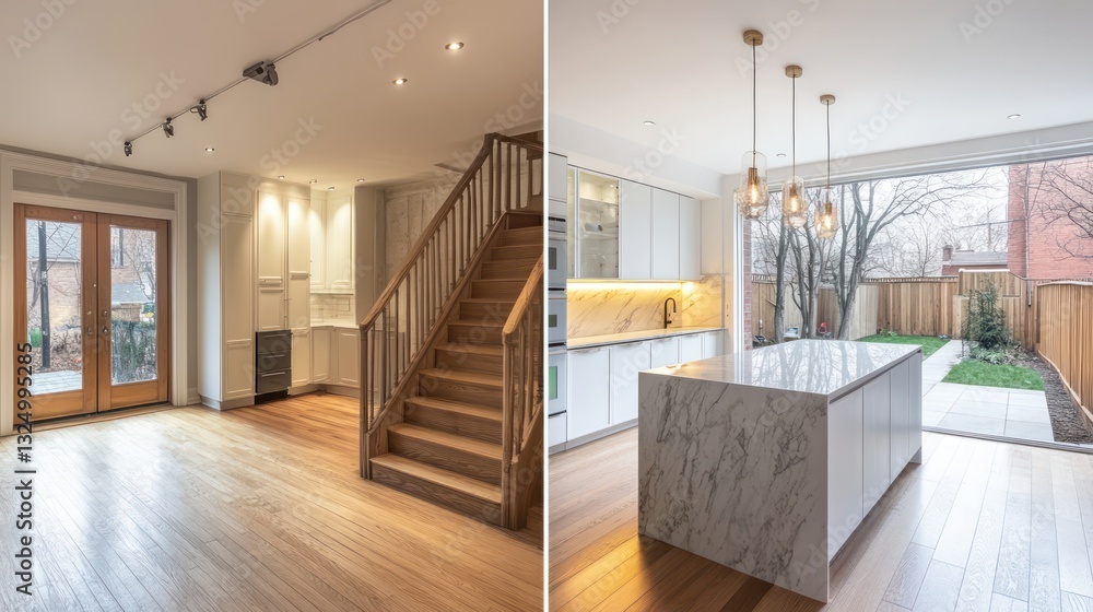 A dynamic before and after kitchen interior shot of a home in a cozy neighborhood in Toronto