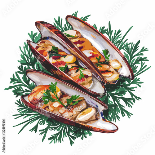 Watercolor-Style Grilled Razor Clams with Garlic and Herbs