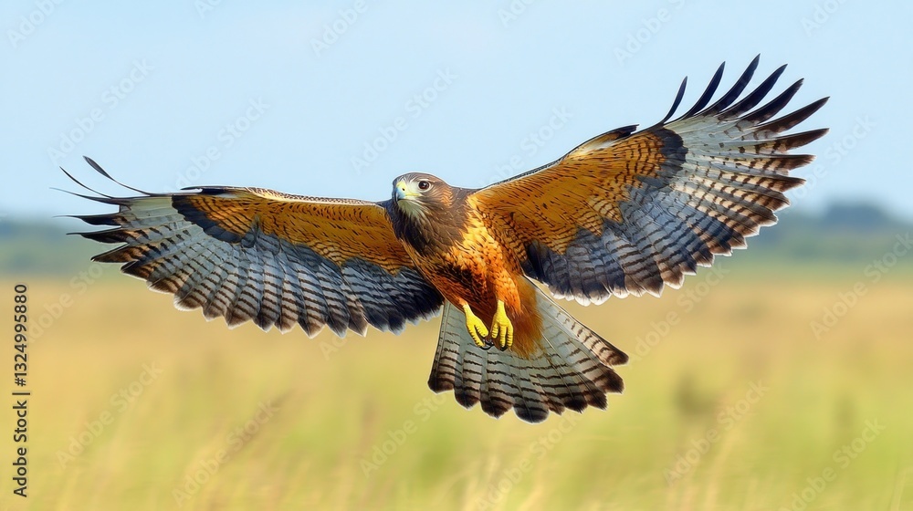 Fototapeta premium Hawk in flight over a grassy plain
