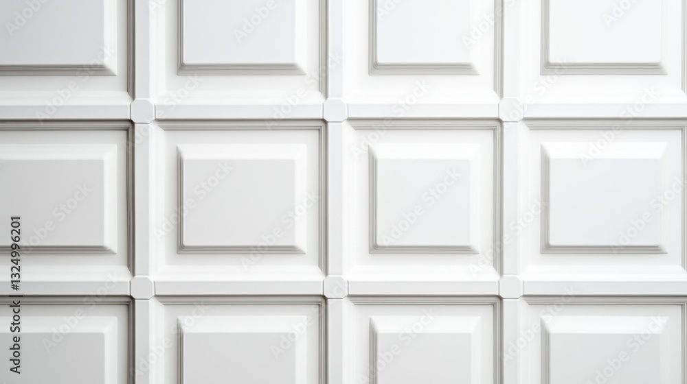 White coffered ceiling forming a geometric pattern with recessed panels and decorative elements, creating a sophisticated and elegant ambiance White coffered ceiling forming a geometric pattern with recessed panels and decorative elements, creating a sophisticated and elegant ambiance