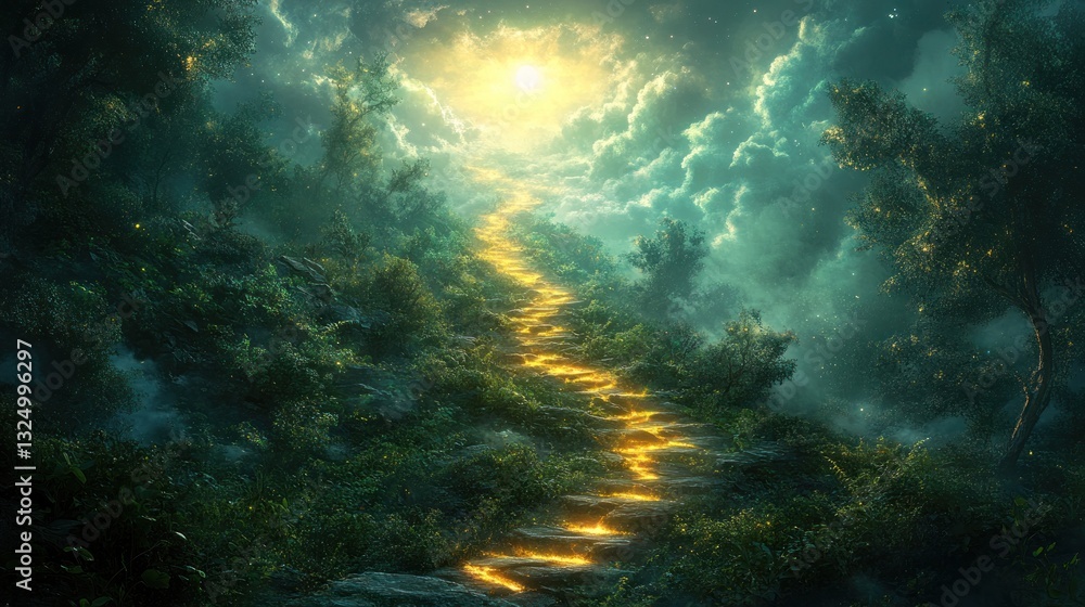 Fototapeta premium Magical golden stairway to Heaven through a mystical forest