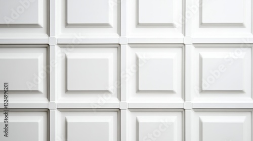 White coffered ceiling forming a geometric pattern with recessed panels and decorative elements, creating a sophisticated and elegant ambiance