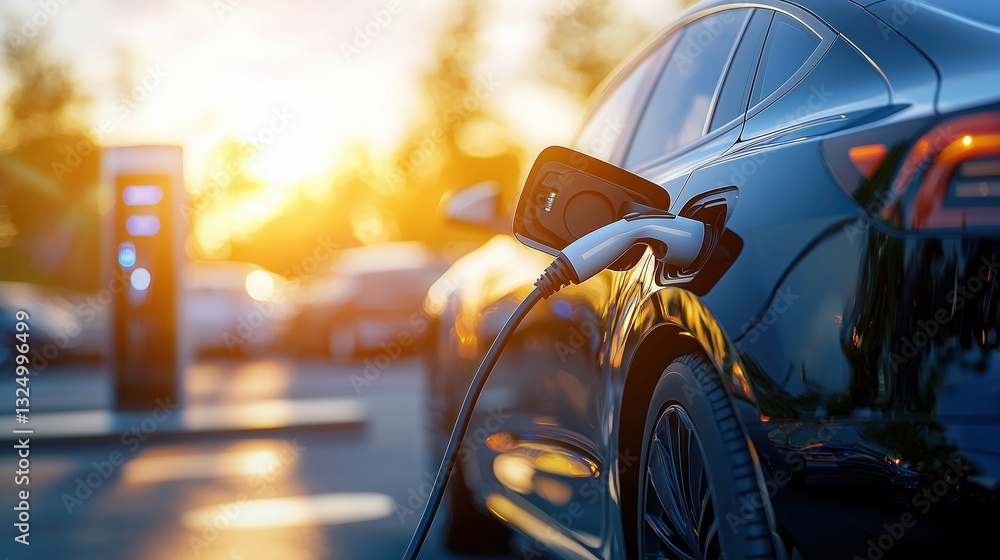 A black electric car plugged into a charging station during sunset. A black electric car plugged into a charging station during sunset.