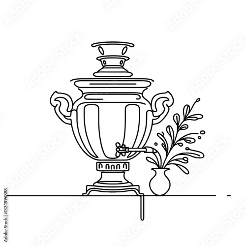 Continuous line drawing of a samovar with a vase and flowers in minimalist style on white background with copy space , cut out