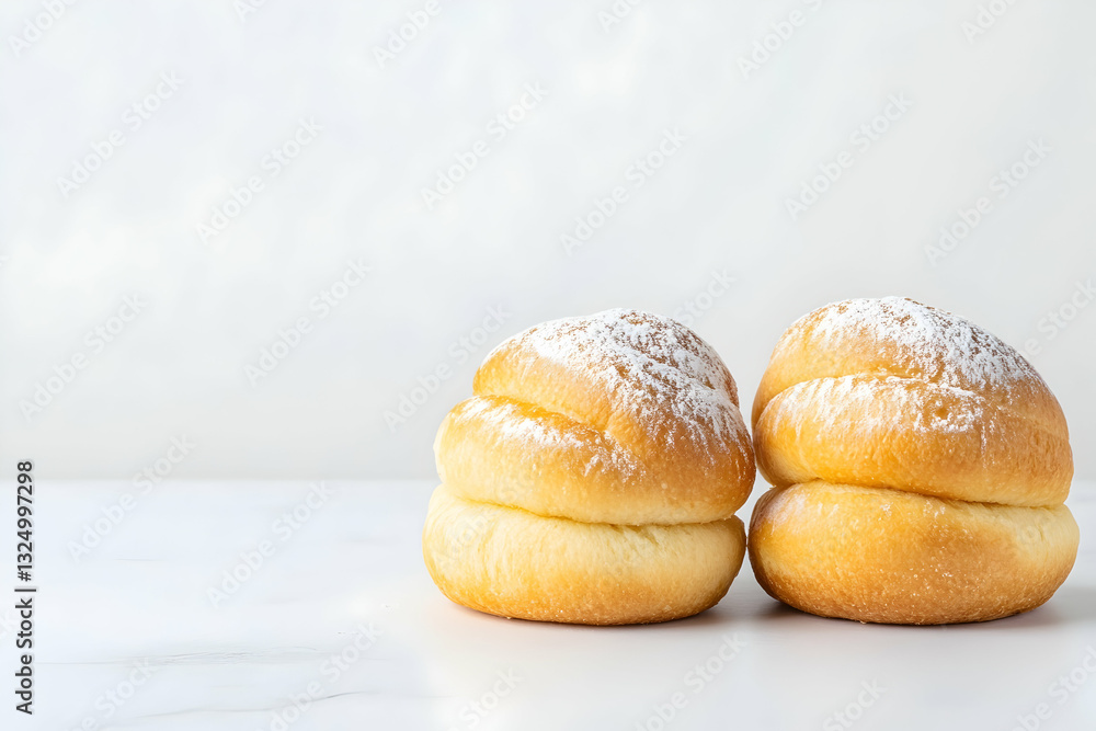 Two sugared round buns stacked on a marble surface Two sugared round buns stacked on a marble surface