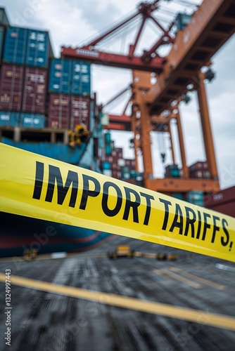 America USA united states tariffs on imports	from Canada, China and Maxico, Trade Barriers at the Harbor: Close-up on a yellow caution tape with the words 