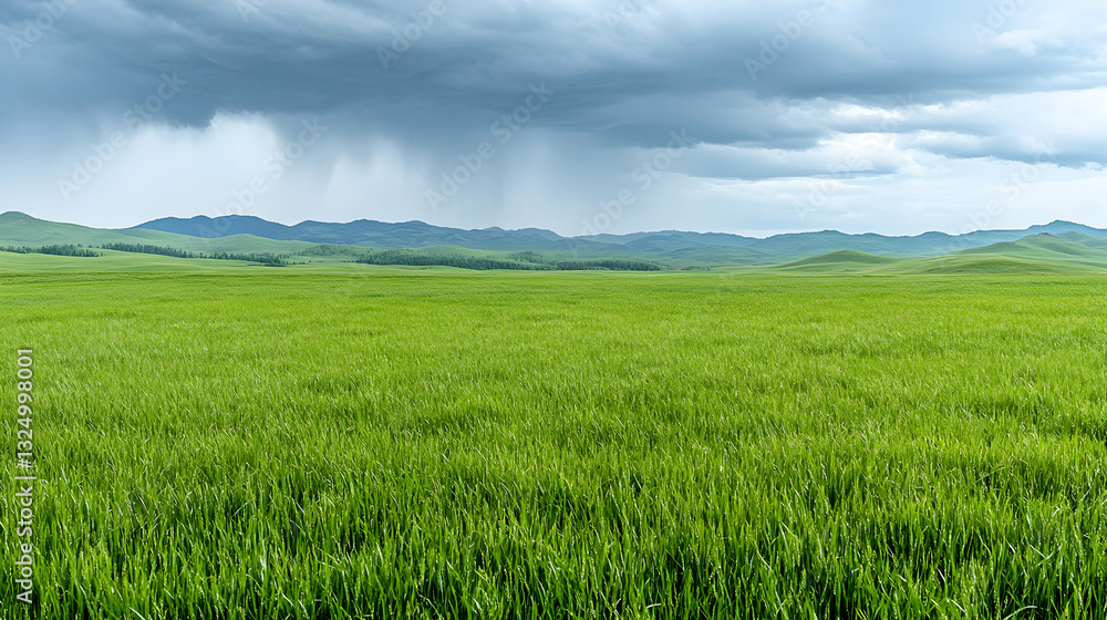 Obraz premium Vast green field under stormy sky