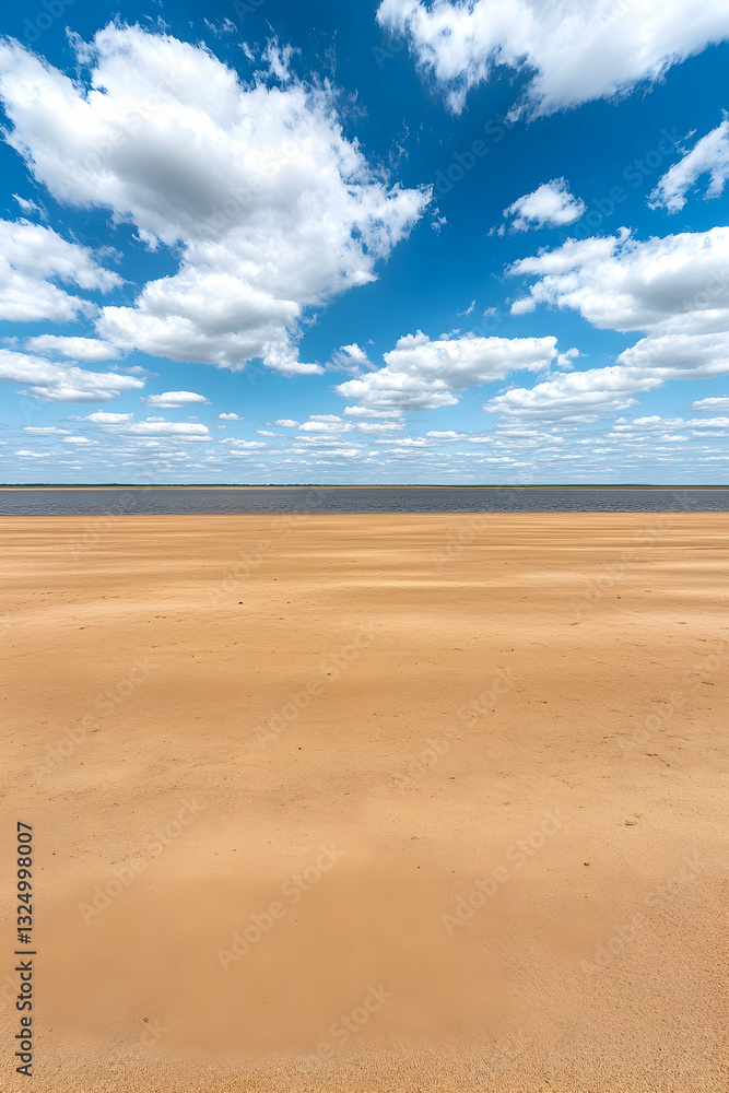 Vast sandy beach stretches to a calm water horizon under a vibrant blue sky Vast sandy beach stretches to a calm water horizon under a vibrant blue sky