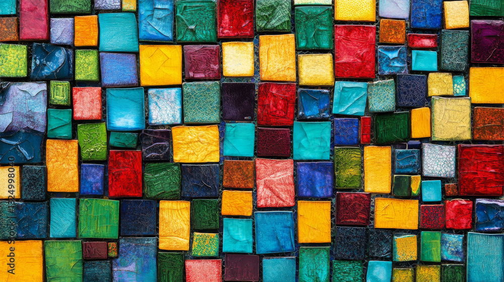 An abstract pattern of colorful ceramic mosaic tiles arranged in square formations An abstract pattern of colorful ceramic mosaic tiles arranged in square formations