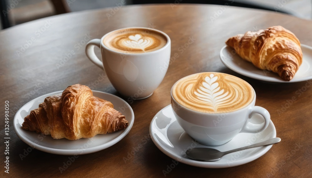 Steaming cup of coffee with a frothy latte art design resting on a table beside a freshly baked croissant Steaming cup of coffee with a frothy latte art design resting on a table beside a freshly baked croissant