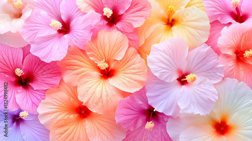 Vibrant, colorful hibiscus flowers in various pastel shades.  Close-up view of petals and centers