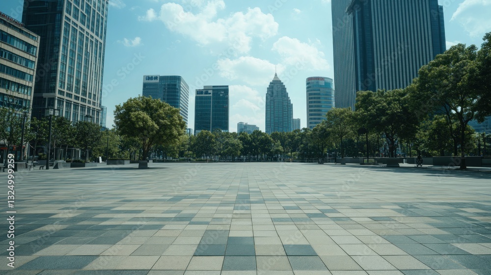 Fototapeta premium Empty City Square with Skyscrapers in Background