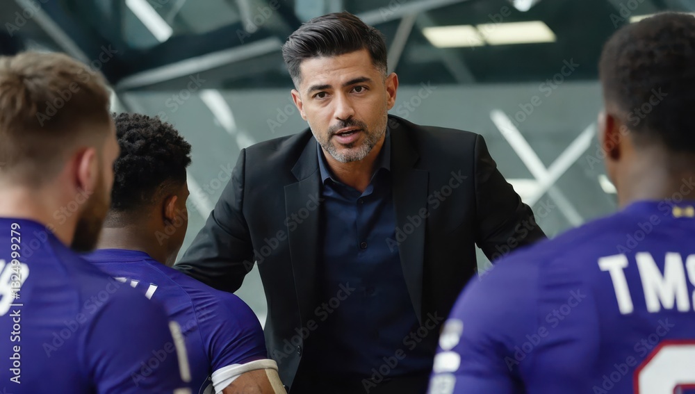 Obraz premium A coach stands confidently in front of his players, passionately sharing strategies during halftime. Their focused expressions reflect determination and eagerness to win the match