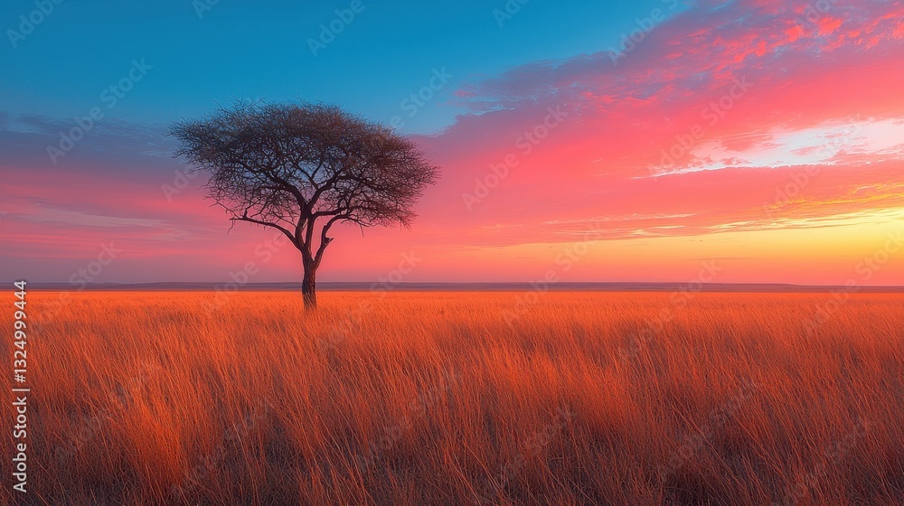 Obraz premium A solitary acacia tree, its branches reaching like gnarled fingers into the azure sky, stood silhouetted against the vibrant backdrop of the savanna, its sparse, sun-baked leaves whispering 