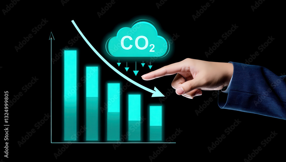 A hand is positioned to point at a graphic representation of decreasing carbon dioxide levels, shown with a bar graph and a cloud icon in a dark background