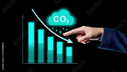 Obraz na płótnie A hand is positioned to point at a graphic representation of decreasing carbon dioxide levels, shown with a bar graph and a cloud icon in a dark background w salonie