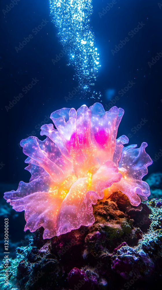 Vibrant underwater coral-like organism glowing with soft pinks and oranges, surrounded by bubbles Vibrant underwater coral-like organism glowing with soft pinks and oranges, surrounded by bubbles