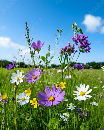 Vibrant wildflowers in a meadow under a clear sky photo