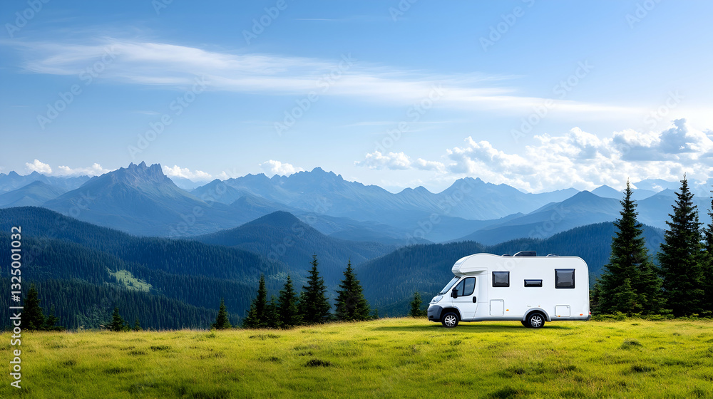 White camper van parked atop a mountain vista White camper van parked atop a mountain vista