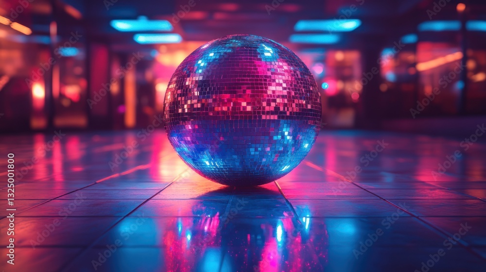 A retro disco ball with neon reflections, soft glow effect A retro disco ball with neon reflections, soft glow effect