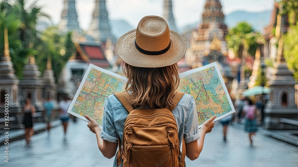 Fototapeta premium A Tourist with a Map Exploring a Temple Complex in Thailand